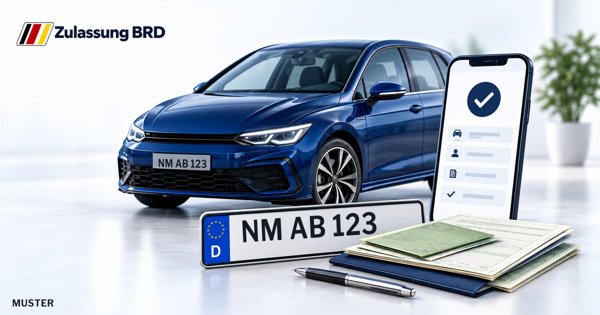 Online Fahrzeugzulassung in Neumarkt i.d.Opf.: Musterkennzeichen NM AB 123, Auto und Fahrzeugpapiere und Smartphone. Illustration mit Logo von Zulassung BRD.